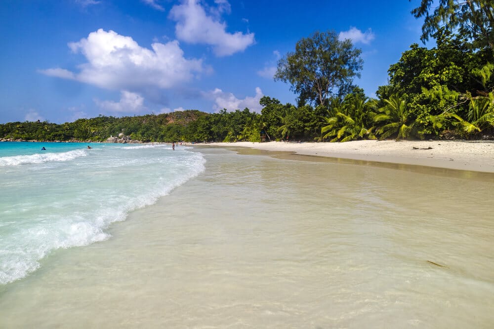 playa rodeada mar vegetacion luz sol cielo azul Praslin Seychelles