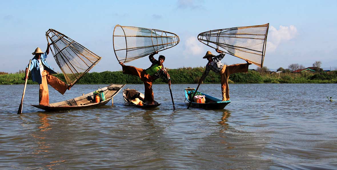 viaje a Birmania: la tecnica de pesca de los remeros de pié